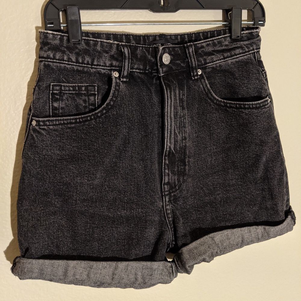High Wasted Black Washed Mom Jean Shorts